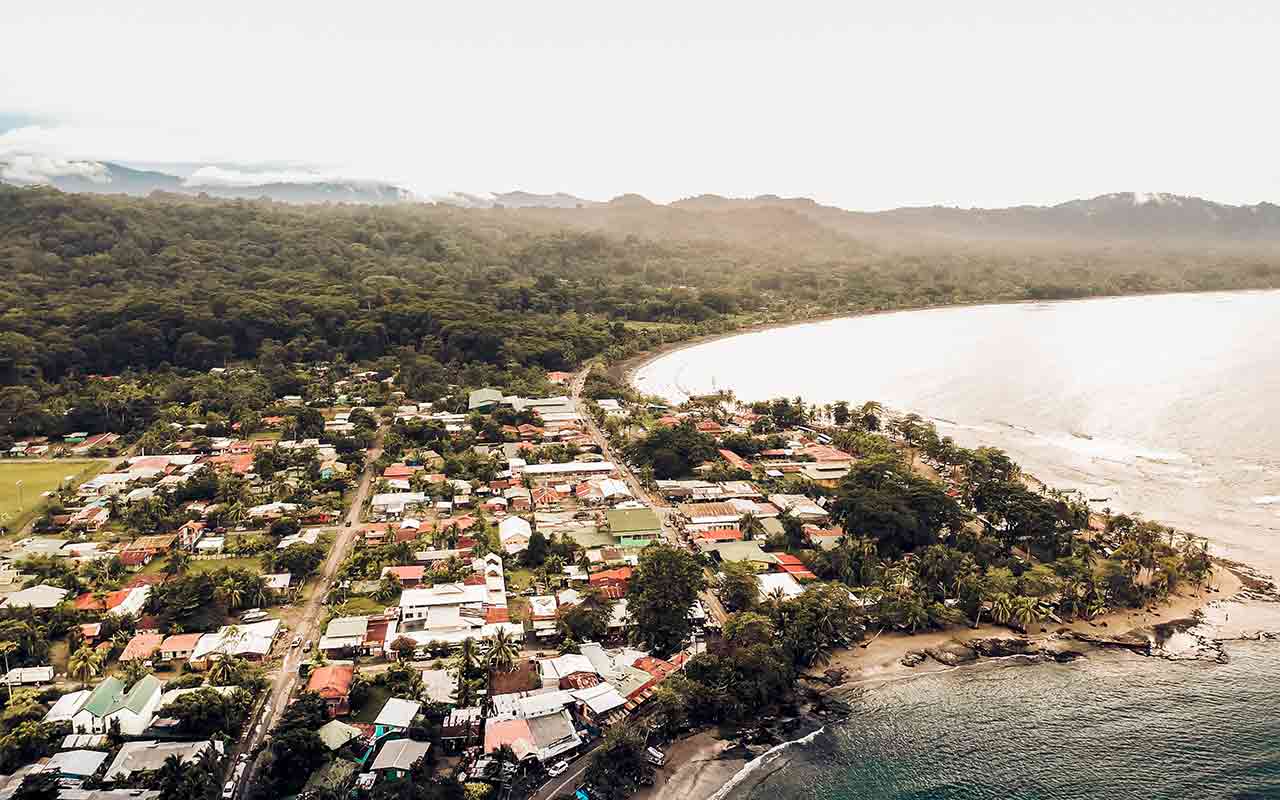 The coastal town of Puerto Viejo is seen from above - it is vibrant but peaceful at the same time