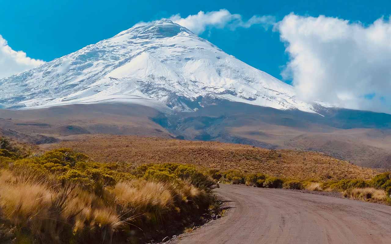 The snow-capped volcano of Cotopaxi as seen from afar
